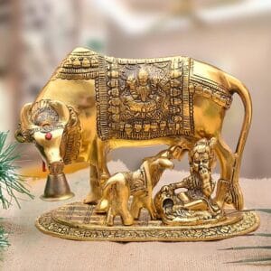 Metal Kamdhenu Cow and Calf Idol Gold Finish Holy Spiritual Showpiece for Vastu
