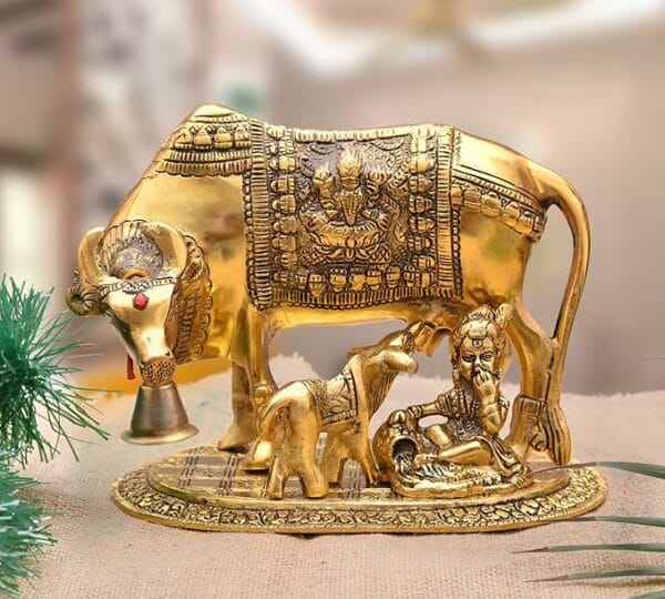 Metal Kamdhenu Cow and Calf Idol Gold Finish Holy Spiritual Showpiece for Vastu