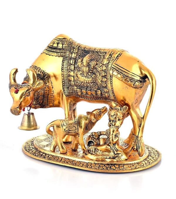 Metal Kamdhenu Cow and Calf Idol Gold Finish Holy Spiritual Showpiece for Vastu - Image 2